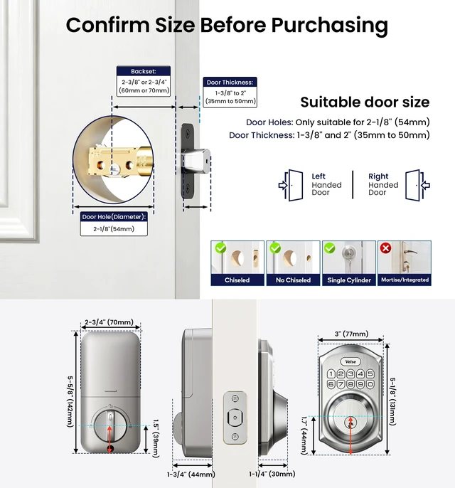 Alt view image 13 of 14 - VE001 Keyless Entry Deadbolt, Electronic Keypad Lock, Satin Nickel ANSI Grade 3 Security, 20 User Codes, Low Battery Alert, IP55 Waterproof, One Touch Lock, Anti-Peep Password & 2 Backup Keys