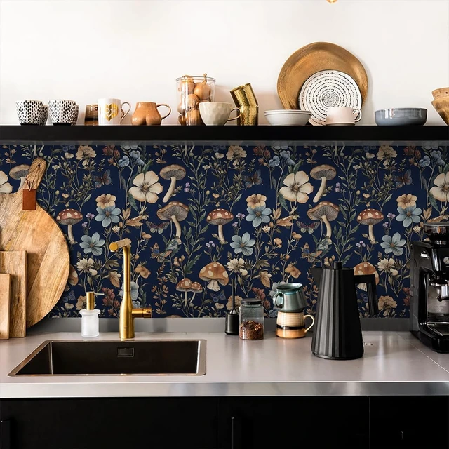 Alt view image 10 of 14 - Dark Blue Mushroom Peel and Stick Wallpaper Floral Contact Paper 16.9" x 393.7" Navy Blue Floral Wallpaper Vintage Boho Wildflower Self Adhesive Removable Wall Paper Kitchen Bathroom Vinyl