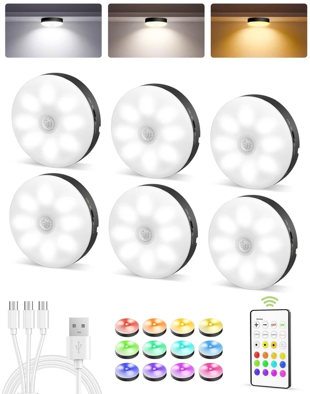 Alt view image 6 of 10 - RGB Under Cabinet Puck Lights with Remote, Motion Sensor Lights Matte Black, 6-Pack with Remote, Rechargeable, Wireless, 3 Color Temps, 12 RGB Colors, Magnetic, Dimmable, for Counter, Shelf