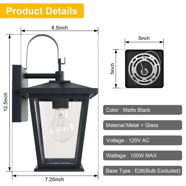 Alt view image 11 of 14 - Outdoor Light Fixtures Wall Mount, Waterproof Exterior Wall Lanterns with Glass, Matte Black, Outside Wall Sconces, Front Porch Lighting for House Garage Doorway Patio 12.5 in
