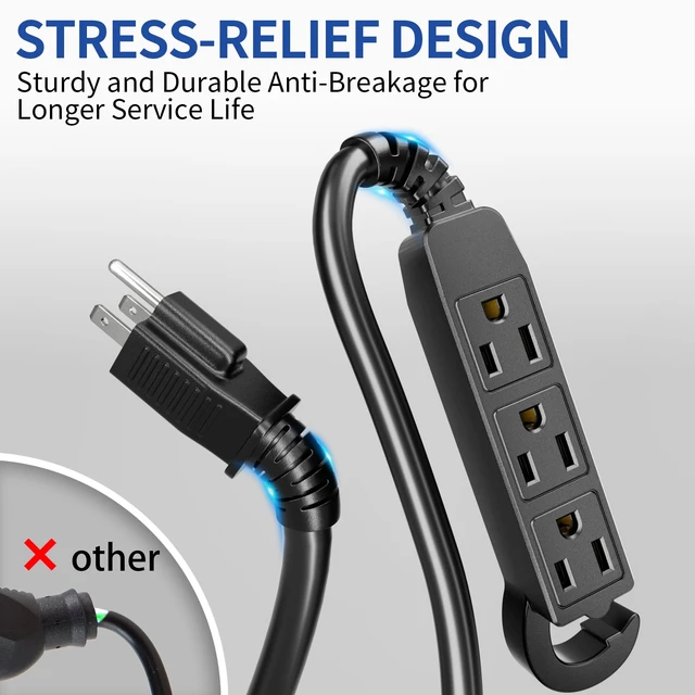 Alt view image 11 of 14 - 50Ft 3 Prong Multiple Outlets Outdoor Extension Cord, Black Waterproof Grounded 3 outlet Extension Cord, 16/3 AWG Power Strip for Garden Patio Camping, 13A 125V 1625W, ETL Listed