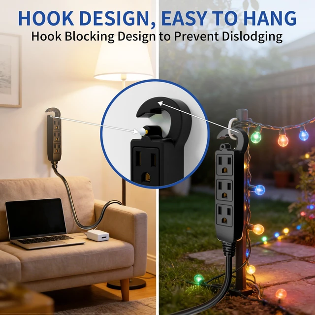 Alt view image 13 of 14 - 50Ft 3 Prong Multiple Outlets Outdoor Extension Cord, Black Waterproof Grounded 3 outlet Extension Cord, 16/3 AWG Power Strip for Garden Patio Camping, 13A 125V 1625W, ETL Listed