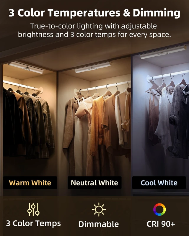 Alt view image 12 of 14 - 15in Closet Lights, Motion Sensor Lights Rotatable Sensor, Rechargeable Battery, No-Glare, 3 Color Temps, Dimmable, Indoor Use, Pantry, Wardrobe, 2 Pack