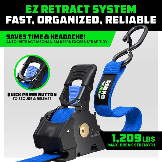 Alt view image 6 of 10 - Retractable Ratchet Straps (2-Pack) - 1in x 10ft, 1,209lb, Blue 1,209lb Break Strength, Auto Self Retracting Design. For Truck, Cargo Trailer, Motorcycle, ATV & UTV Tie Downs. Blue