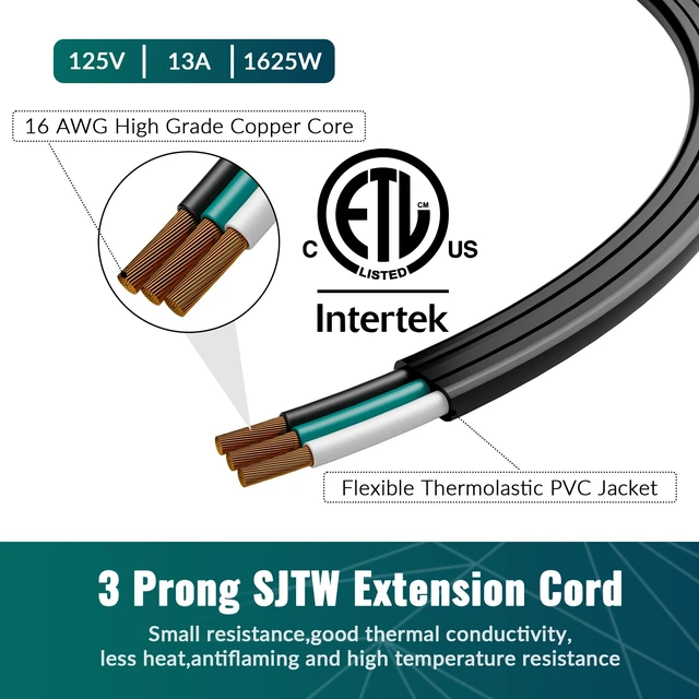 Alt view image 11 of 12 - Flat Plug Extension Cord 50 Ft with Slim Space-Saving Plug Design, Thin Flat Cable Low Profile Power Cord 3 Prong Grounded Wire, 16 Gauge 13 A/125 V-Black-ETL Certified