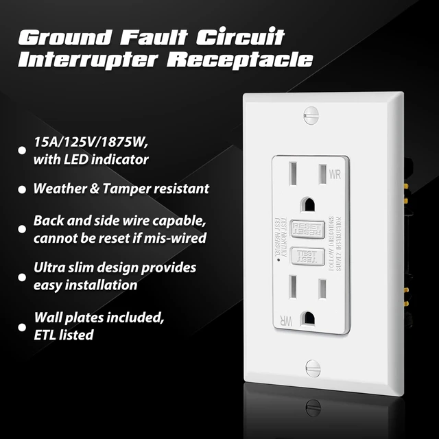 Alt view image 9 of 14 - 5 Pack 15 Amp TR GFCI Outlets, Outdoor GFI, ETL Listed, White Slim Design, 15A GFI, Weather Resistant with LED Indicator, Ground Fault Circuit Interrupter, Wallplate Included