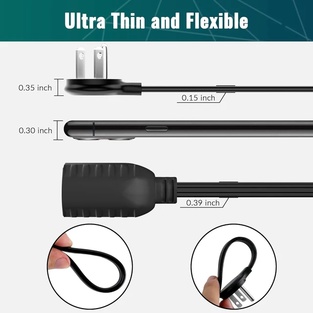Alt view image 8 of 12 - Flat Plug Extension Cord 50 Ft with Slim Space-Saving Plug Design, Thin Flat Cable Low Profile Power Cord 3 Prong Grounded Wire, 16 Gauge 13 A/125 V-Black-ETL Certified