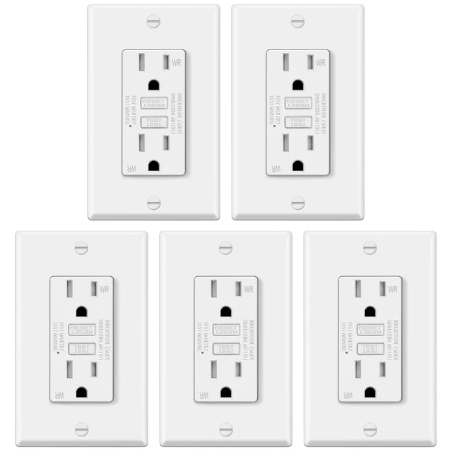 Alt view image 8 of 14 - 5 Pack 15 Amp TR GFCI Outlets, Outdoor GFI, ETL Listed, White Slim Design, 15A GFI, Weather Resistant with LED Indicator, Ground Fault Circuit Interrupter, Wallplate Included