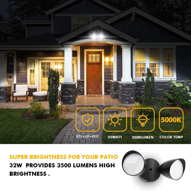 Alt view image 10 of 14 - 6222B 3500 Lumen 32 Watt 28 LED Dual-Head Floodlight Outdoor, Full Metal Design, Waterproof Exterior Security Wall Light 5000K for Patio, Garden, Yard-Black