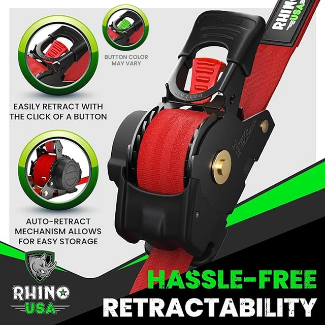 Alt view image 6 of 8 - Retractable Ratchet Straps (2-Pack) - 1in x 10ft, 1,209lb, Red 1,209lb Break Strength, Auto Self Retracting Design. For Truck, Cargo Trailer, Motorcycle, ATV & UTV Tie Downs. Red