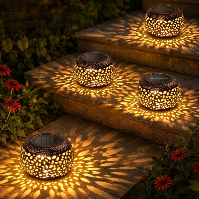 Alt view image 8 of 14 - Solar Lanterns Outdoor Waterproof, 4 Pack Flower Petal Solar Garden Lights with 2 Lighting Colors, Vintage Metal Outdoor Patio Garden Decor - Unique Gifts for Women Mom Sisters Birthday