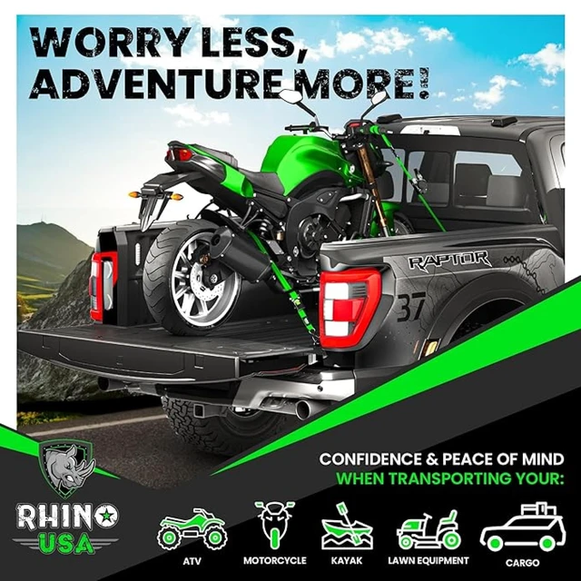 Alt view image 6 of 6 - Retractable Ratchet Straps (2-Pack) - 1in x 10ft, 1,209lb, Green 1,209lb Break Strength, Auto Self Retracting Design. For Truck, Cargo Trailer, Motorcycle, ATV & UTV Tie Downs. Green