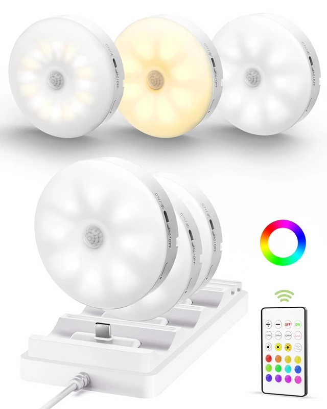 Alt view image 8 of 14 - RGB Puck Lights with Charging Station, Motion Sensor Cabinet Lights 6-Pack with Remote, Rechargeable, Wireless, 3 Color Temps, 12 RGB Colors, Magnetic, Dimmable, for Counter, Closet, Shelf