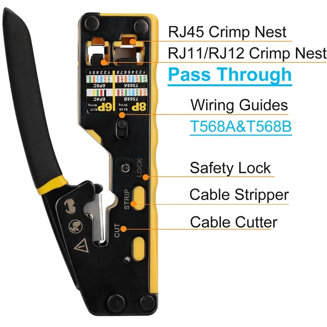 Alt view image 9 of 14 - Pass Through RJ45 Crimp Tool Kit Ethernet Crimper CAT5 Cat5e Cat6 Crimping Tool Kit