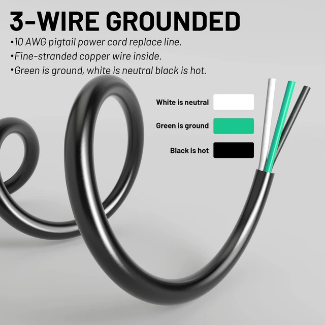 Alt view image 7 of 10 - 25 ft 10/3 Pigtail Replacement Power Tool Cord, NEMA 5-15P Black 10 AWG 3 Prong Appliance and Power Tool Cord, Open End, Flexible SJTW, 125V AC Pigtail, 13A 1675W, ETL Listed, Indoor/Outdoor