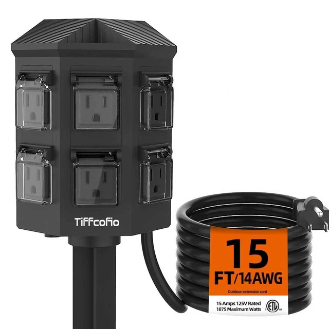 Alt view image 7 of 12 - Outdoor Power Strip Weatherproof, 15 FT Extension Cord with Stake, 6 Grounded Outlets for Christmas Yard Decorations and Inflatables, 15A/1875W, ETL Listed