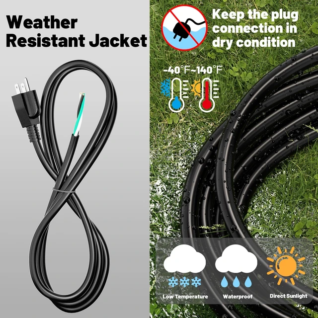 Alt view image 9 of 10 - 25 ft 10/3 Pigtail Replacement Power Tool Cord, NEMA 5-15P Black 10 AWG 3 Prong Appliance and Power Tool Cord, Open End, Flexible SJTW, 125V AC Pigtail, 13A 1675W, ETL Listed, Indoor/Outdoor