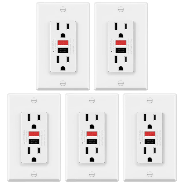 Alt view image 8 of 14 - 5 Pack 15A GFCI Outlets, Decor GFI Receptacles, ETL Listed Slim Design, Non-Tamper Resistant with LED Indicator, 15 Amp Ground Fault Circuit Interrupter, Wallplate Included