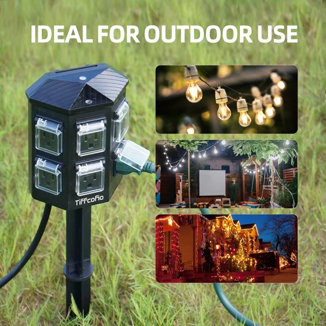Alt view image 12 of 12 - Outdoor Power Strip Weatherproof, 15 FT Extension Cord with Stake, 6 Grounded Outlets for Christmas Yard Decorations and Inflatables, 15A/1875W, ETL Listed