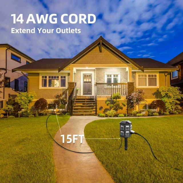 Alt view image 8 of 12 - Outdoor Power Strip Weatherproof, 15 FT Extension Cord with Stake, 6 Grounded Outlets for Christmas Yard Decorations and Inflatables, 15A/1875W, ETL Listed