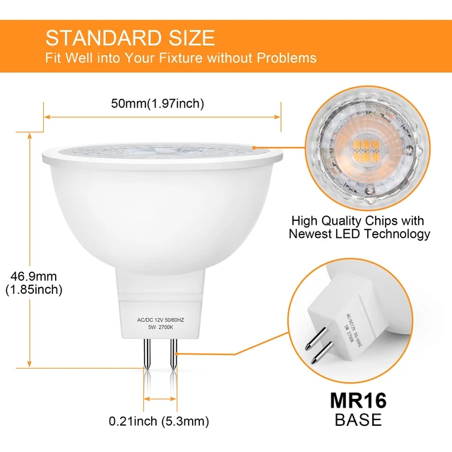 Alt view image 8 of 12 - 24 Pack MR16 LED Bulbs 5W GU5.3 12V Spotlights, 2700K Warm White 50W Halogen Equivalent, Non-Dimmable, 45° Beam Angle, 450lm, Landscape, Recessed, Track Lighting, Low Voltage, Bi-Pin Base