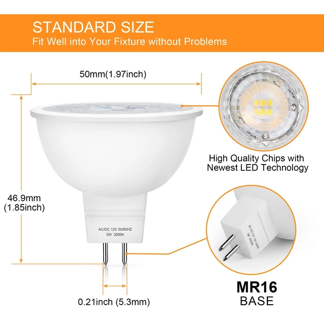 Alt view image 10 of 12 - 12 Pack MR16 LED Bulbs 5W GU5.3 12V Spotlights, 3000K Soft White 50W Halogen Equivalent, Non-Dimmable, 45° Beam Angle, 450lm, Landscape, Recessed, Track Lighting, Low Voltage, Bi-Pin Base