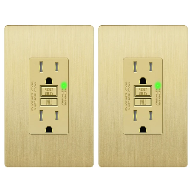Alt view image 8 of 14 - GFCI Outlet 15Amp, Brushed Wall Plate, ETL Listed, Matte Gold, 2-Pack Tamper-Resistant, LED Indicator, Screwless Wall Plate, GFCI Receptacle, Thermoplastic, No-False-Trip, Matte Gold