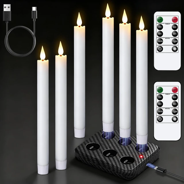 Alt view image 8 of 14 - Rechargeable Flameless Taper Candles Charging Base & 2 Remote White LED Candles Battery Operated, Real Wax Rechargeable Candlesticks, Christmas Wedding Party Home Decor, 6 Pack, 0.78 x 9.8 In