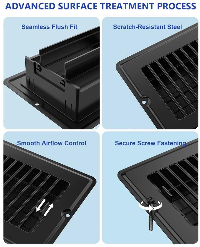 Alt view image 12 of 14 - 4x12 Floor Register Vent Covers for Home Floor Wall Ceiling Black 5-Pack Heavy Duty Steel Floor Vents, Quiet & Anti-Rust Adjustable Air Vent Cover, 10 Screws Include, Fits 4" x 12" Duct Opening