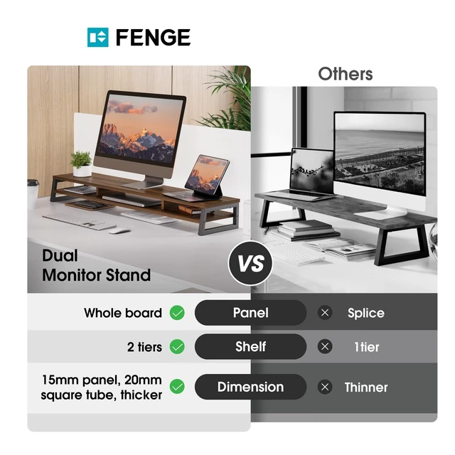 Alt view image 10 of 10 - Fenge Dual Monitor Stand for Desk, 42.5in Large Monitor Riser for 2 Monitors, 2 Tier Computer Office Desk Top Shelf, Desktop Storage Stand for Laptop, PC, Computer, Printer