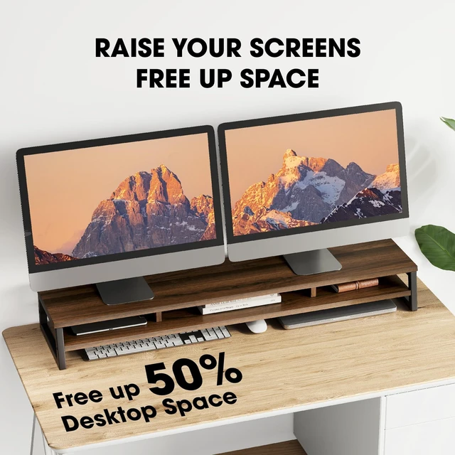 Alt view image 9 of 10 - Fenge Dual Monitor Stand for Desk, 42.5in Large Monitor Riser for 2 Monitors, 2 Tier Computer Office Desk Top Shelf, Desktop Storage Stand for Laptop, PC, Computer, Printer