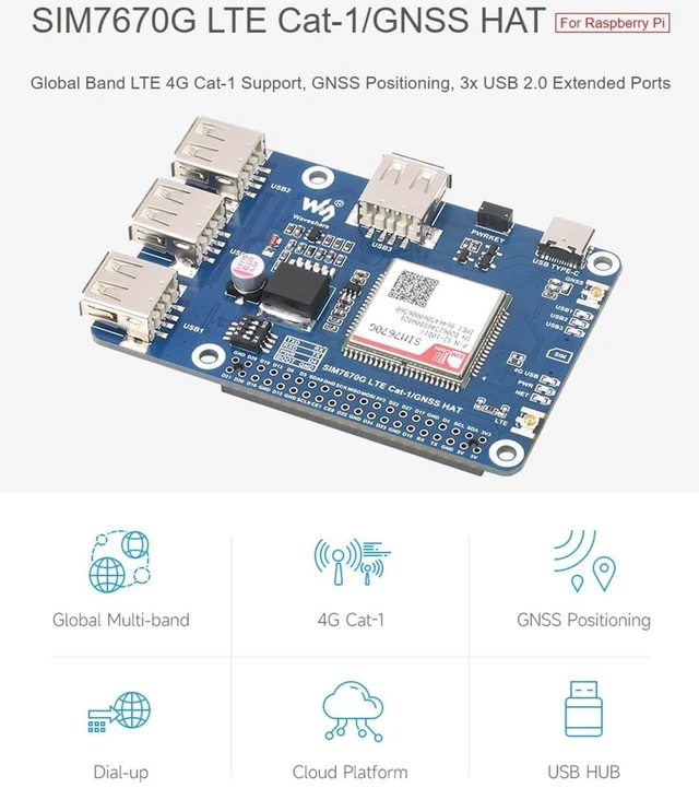 Alt view image 7 of 10 - SIM7670G LTE Cat-1/GNSS HAT Board for Raspberry Pi 5/ 4B/ 3B+/3B/ Zero W/Zero 2W, Support Global Multi-Band LTE 4G Cat-1/ GNSS Positioning/Dial-up on Windows/Linux/, with 3X USB 2.0 Extended Ports
