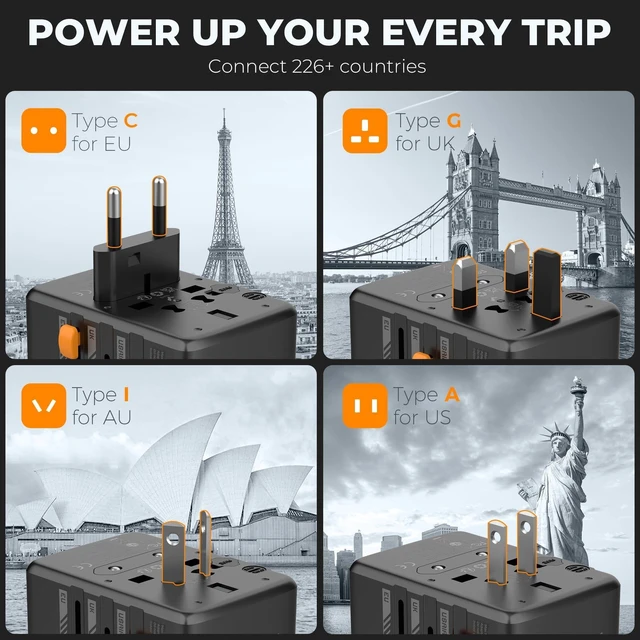 Alt view image 7 of 10 - TESSAN Universal Travel Adapter, 35W International Plug Adaptor with 3 USB C and 2 USB A Charging Ports, Worldwide Power Outlet for US to European EU UK AUS Ireland(Type C/G/A/I)