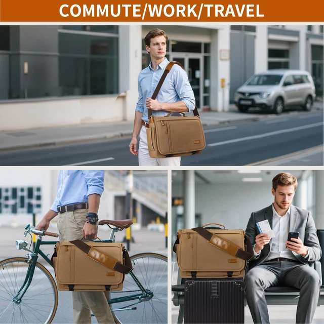 Alt view image 7 of 10 - ESTARER Messenger Bag 17-17.3 Inch, Men's Computer Bag Water-resistant Canvas, Laptop Shoulder Bag for Travel Work College, Brown
