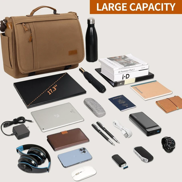 Alt view image 9 of 10 - ESTARER Messenger Bag 17-17.3 Inch, Men's Computer Bag Water-resistant Canvas, Laptop Shoulder Bag for Travel Work College, Brown