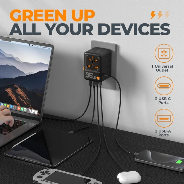 Alt view image 9 of 10 - TESSAN Universal Travel Adapter, 35W International Plug Adaptor with 3 USB C and 2 USB A Charging Ports, Worldwide Power Outlet for US to European EU UK AUS Ireland(Type C/G/A/I)