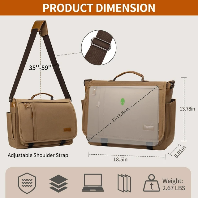 Alt view image 10 of 10 - ESTARER Messenger Bag 17-17.3 Inch, Men's Computer Bag Water-resistant Canvas, Laptop Shoulder Bag for Travel Work College, Brown