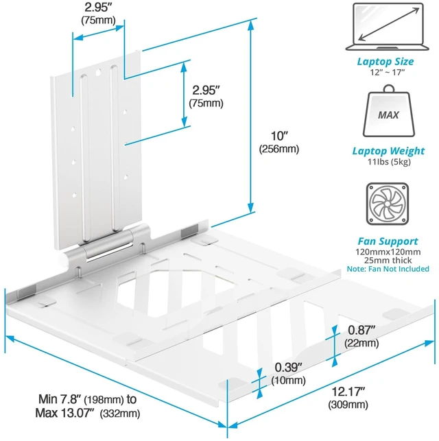 Alt view image 7 of 10 - AVLT Adjustable Laptop Tray with Support for 120mm Fan Compatible with VESA 75x75 Monitor Arm - Fits Up to 17 Inch Laptop - White (Fan Not Included)