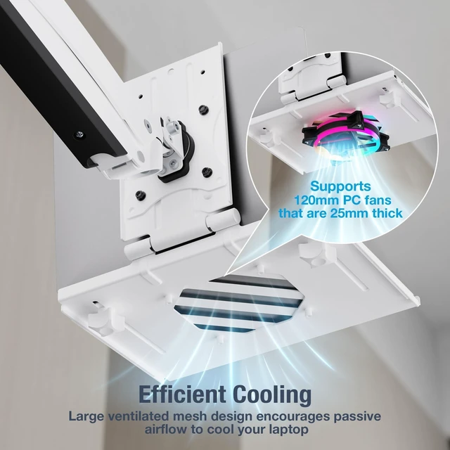 Alt view image 9 of 10 - AVLT Adjustable Laptop Tray with Support for 120mm Fan Compatible with VESA 75x75 Monitor Arm - Fits Up to 17 Inch Laptop - White (Fan Not Included)