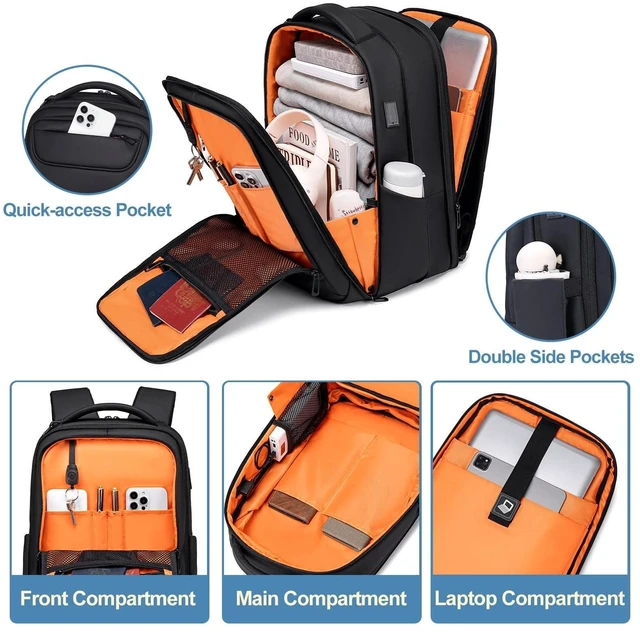 Alt view image 7 of 10 - FENRUIEN Expandable Travel Backpack 15.6 Inch, Water Resistant Backpack with USB Charging Port, Black Laptop Bag for Work/Commuter/College