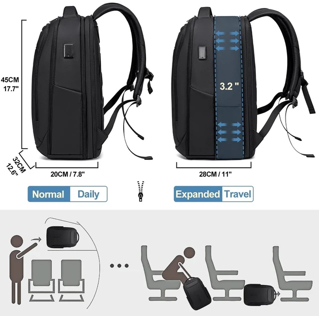 Alt view image 8 of 10 - FENRUIEN Expandable Travel Backpack 15.6 Inch, Water Resistant Backpack with USB Charging Port, Black Laptop Bag for Work/Commuter/College
