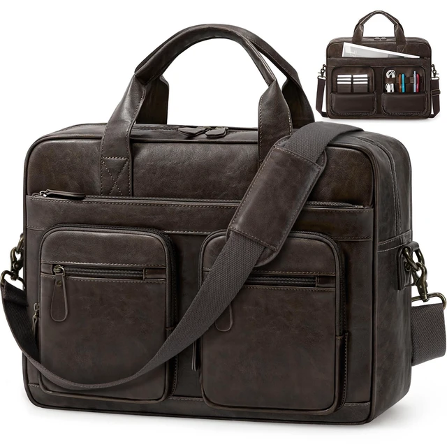Alt view image 6 of 10 - RAINSMORE Vintage Messenger Bag for Men PU Vegan Leather Computer Laptop Bag 15.6 Inch Waterproof Briefcases for Men Retro Mens Briefcase Satchel Bag for Work Office Business Travel Coffee