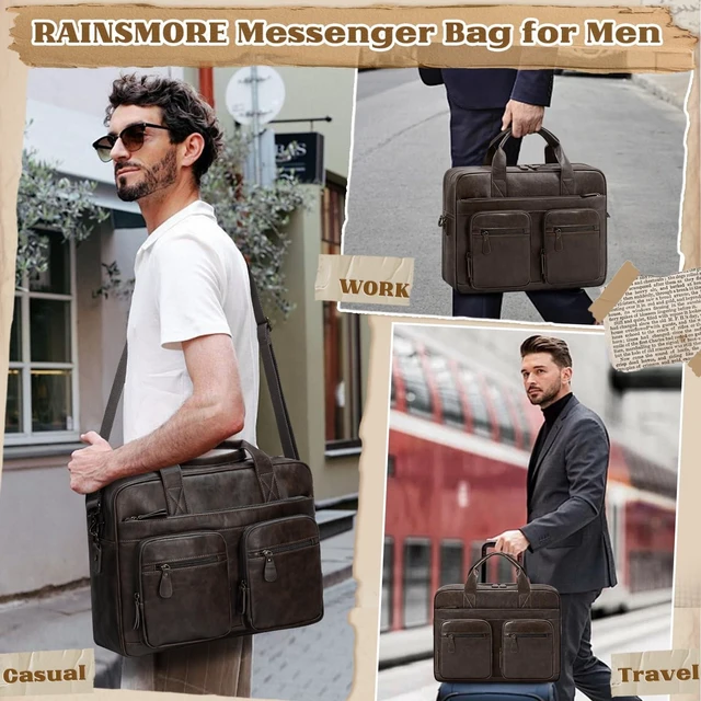 Alt view image 7 of 10 - RAINSMORE Vintage Messenger Bag for Men PU Vegan Leather Computer Laptop Bag 15.6 Inch Waterproof Briefcases for Men Retro Mens Briefcase Satchel Bag for Work Office Business Travel Coffee