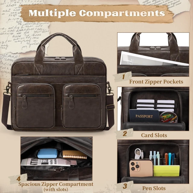 Alt view image 9 of 10 - RAINSMORE Vintage Messenger Bag for Men PU Vegan Leather Computer Laptop Bag 15.6 Inch Waterproof Briefcases for Men Retro Mens Briefcase Satchel Bag for Work Office Business Travel Coffee