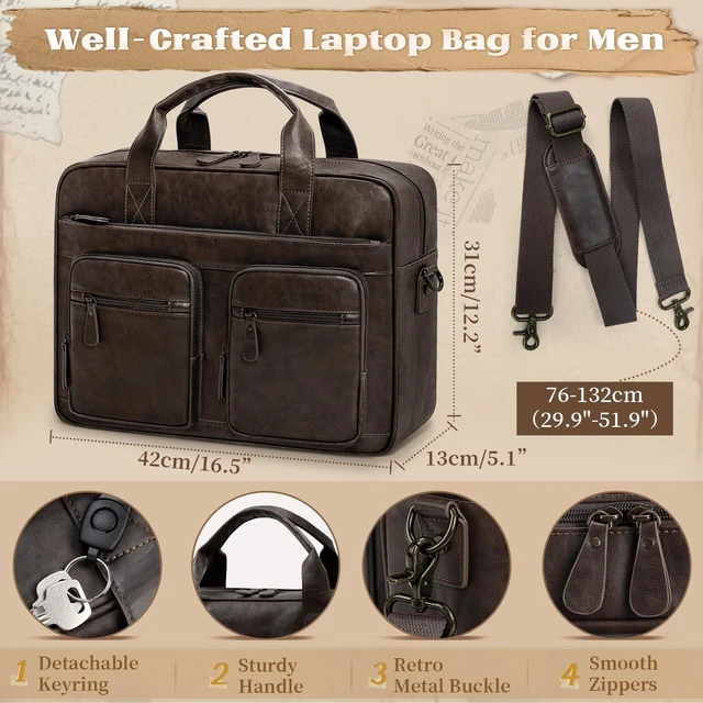 Alt view image 10 of 10 - RAINSMORE Vintage Messenger Bag for Men PU Vegan Leather Computer Laptop Bag 15.6 Inch Waterproof Briefcases for Men Retro Mens Briefcase Satchel Bag for Work Office Business Travel Coffee