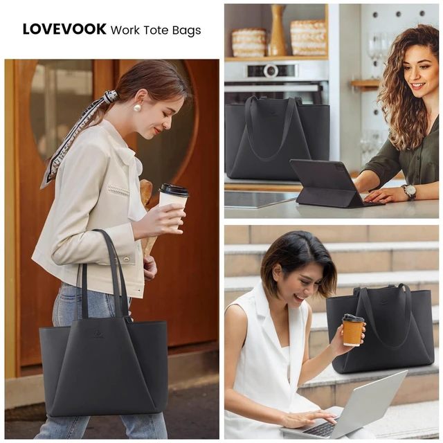 Alt view image 7 of 10 - LOVEVOOK Women's Lead Gray 15.6 Inch Laptop Tote Bag, Large Capacity Work Bag with Clutch, Water Resistant PU Leather, Reinforced Bottom