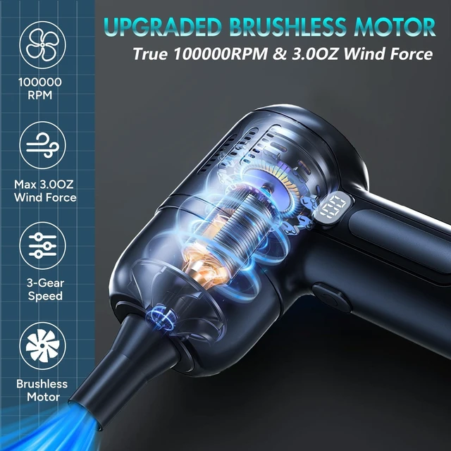 Alt view image 7 of 10 - Maxisola Electric Compressed Air Duster, 3-Gear Dust Blower 100000RPM Brushless for Electronics Computers PC Keyboards Non-Canned Cleaner - 7800mAh Rechargeable with LCD Display