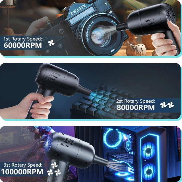 Alt view image 9 of 10 - Maxisola Electric Compressed Air Duster, 3-Gear Dust Blower 100000RPM Brushless for Electronics Computers PC Keyboards Non-Canned Cleaner - 7800mAh Rechargeable with LCD Display