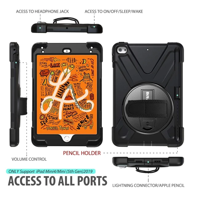Alt view image 7 of 10 - BRAECN iPad mini 5 Case,iPad mini 4 Case, Heavy Duty Shockproof Protective Rugged Case with Pencil Holder,Hand Strap,Kickstand, Shoulder Strap for iPad mini 5th/4th Generation 7.9 Inch for Kids-Black
