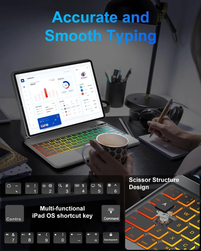 Alt view image 9 of 10 - KVAGO Keyboard Case for iPad Air 11 inch M3,2025/M2, 2024 & iPad Pro 11 inch (4th/3rd/2nd/1st Gen) - Multi-Touch Trackpad, Magic Keyboard Case for iPad Air 5th/4th Gen, Rainbow Colors Backlit, Black